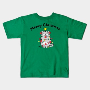 Meowy Christmas cat tangled in lights Kids T-Shirt